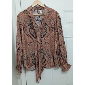 Mng womens large coral pink bow tie neck paisley blouse 100% viscose shirt